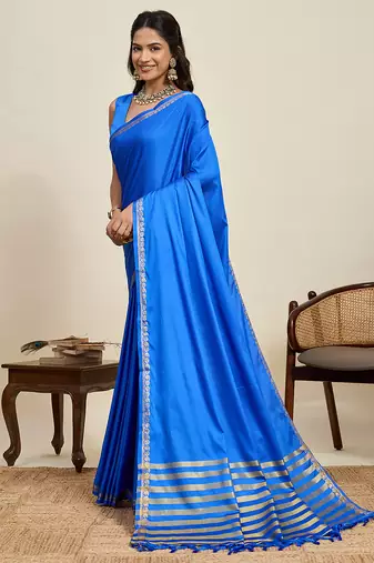 Blue striped, solid soft silk banarasi saree with blouse