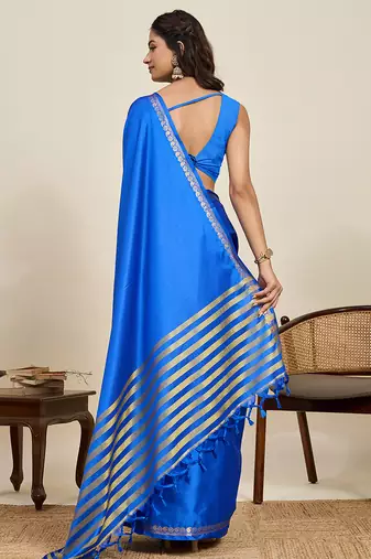 Blue striped, solid soft silk banarasi saree with blouse