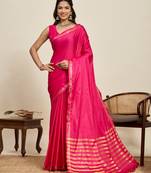 Dark pink striped, solid soft silk banarasi saree with blouse
