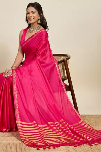 Dark pink striped, solid soft silk banarasi saree with blouse