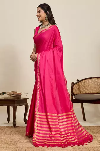Dark pink striped, solid soft silk banarasi saree with blouse