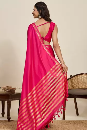 Dark pink striped, solid soft silk banarasi saree with blouse