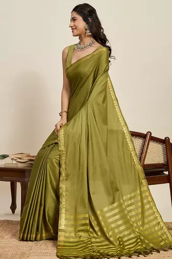 Olive green striped, solid soft silk banarasi saree with blouse