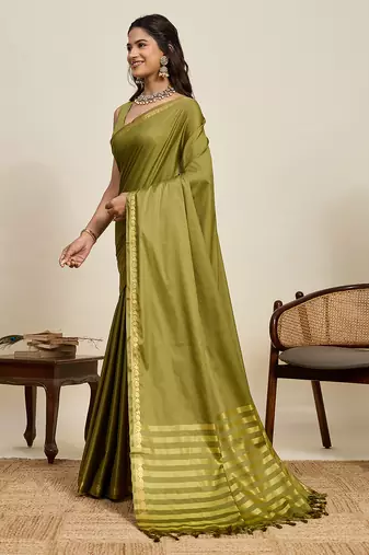 Olive green striped, solid soft silk banarasi saree with blouse