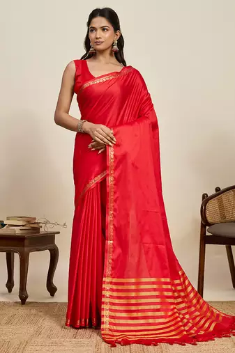 Red striped, solid soft silk banarasi saree with blouse