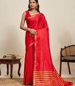 Red striped, solid soft silk banarasi saree with blouse