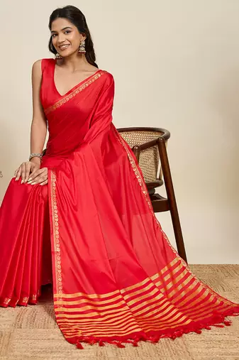 Red striped, solid soft silk banarasi saree with blouse