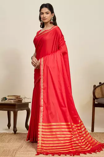 Red striped, solid soft silk banarasi saree with blouse