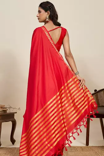 Red striped, solid soft silk banarasi saree with blouse