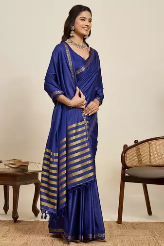 Royal blue striped, solid soft silk banarasi saree with blouse