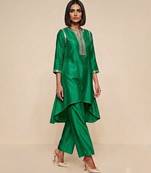 Emerald green embroidered raw silk kurta set