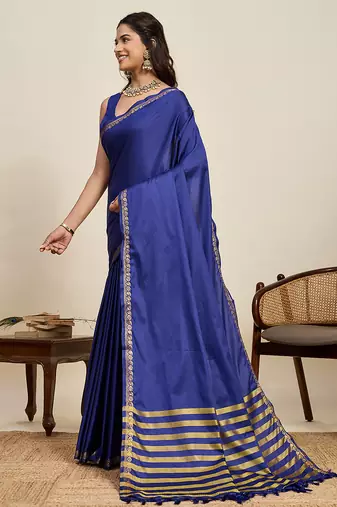 Royal blue striped, solid soft silk banarasi saree with blouse