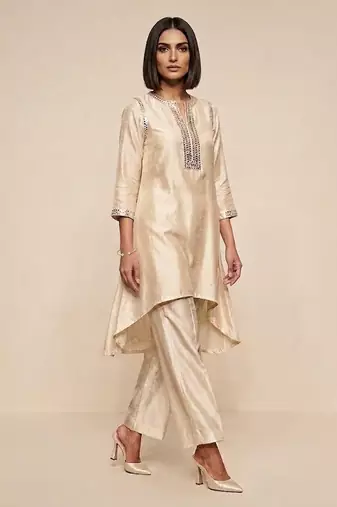 Champagne gold embroidered raw silk kurta set