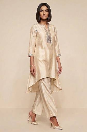 Champagne gold embroidered raw silk kurta set