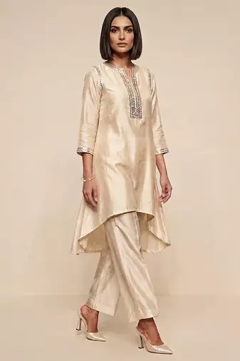 Champagne gold embroidered raw silk kurta set