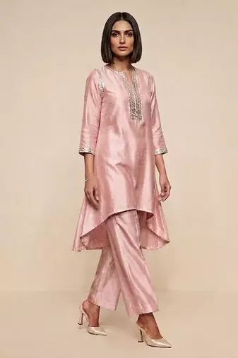 Blush pink embroidered raw silk kurta set