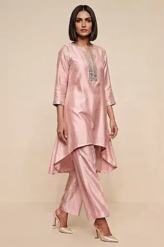 Blush pink embroidered raw silk kurta set