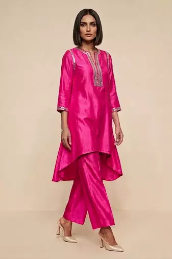 Hot pink embroidered raw silk kurta set
