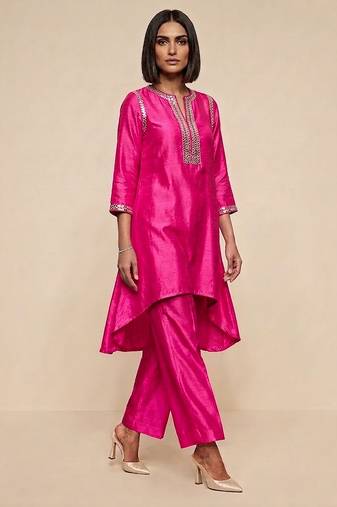 Hot pink embroidered raw silk kurta set
