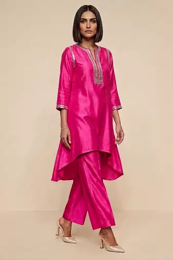Hot pink embroidered raw silk kurta set