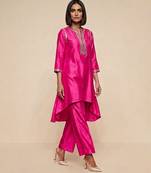 Hot pink embroidered raw silk kurta set