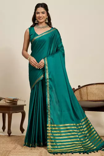 Teal green striped, solid soft silk banarasi saree with blouse