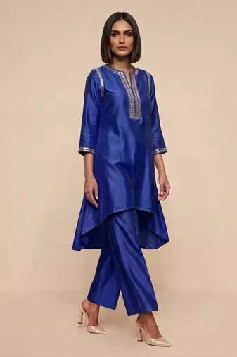 Royal blue embroidered raw silk kurta set