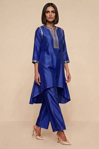 Royal blue embroidered raw silk kurta set