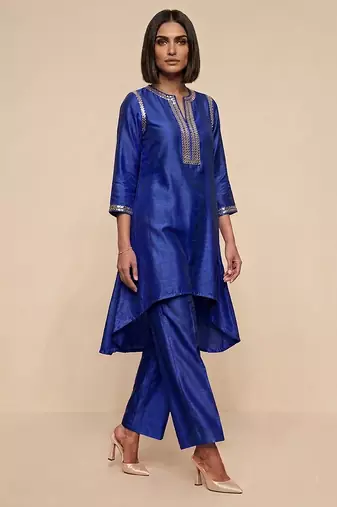 Royal blue embroidered raw silk kurta set