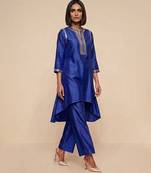 Royal blue embroidered raw silk kurta set