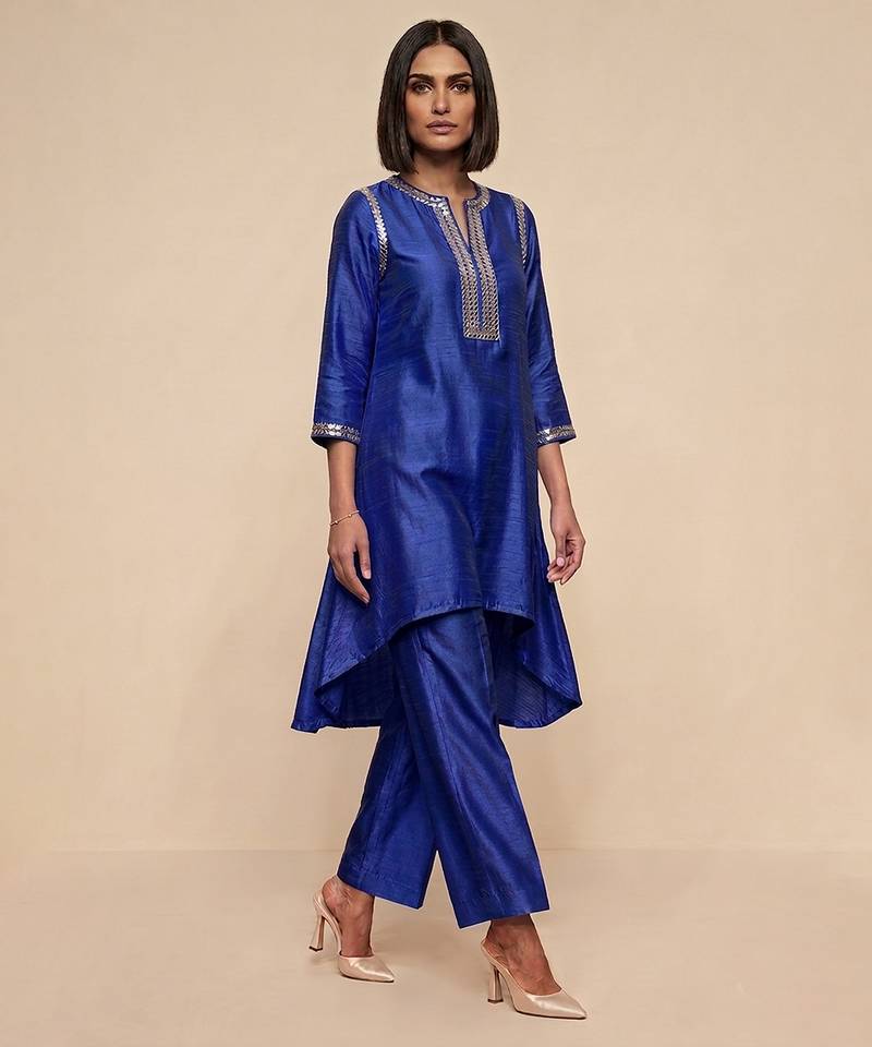 Royal blue embroidered raw silk kurta set