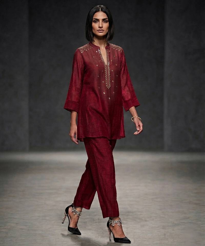 Maroon embroidered lurex kurta set