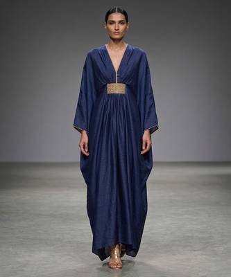 Navy blue laced silk kaftan 1
