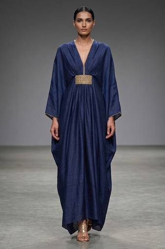 Navy blue laced silk kaftan