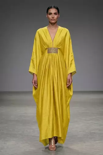 Mustard yellow laced silk kaftan