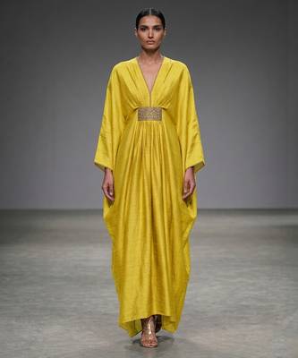 Mustard yellow laced silk kaftan 1