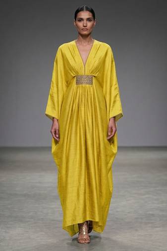 Mustard yellow laced silk kaftan