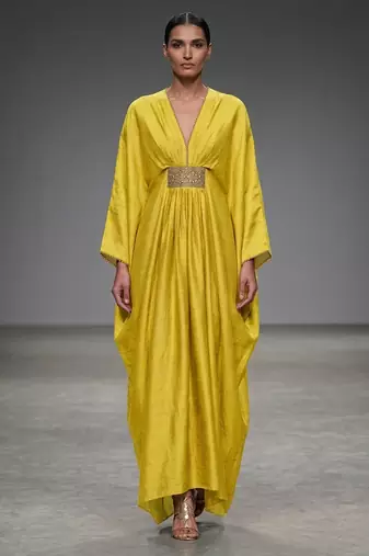 Mustard yellow laced silk kaftan