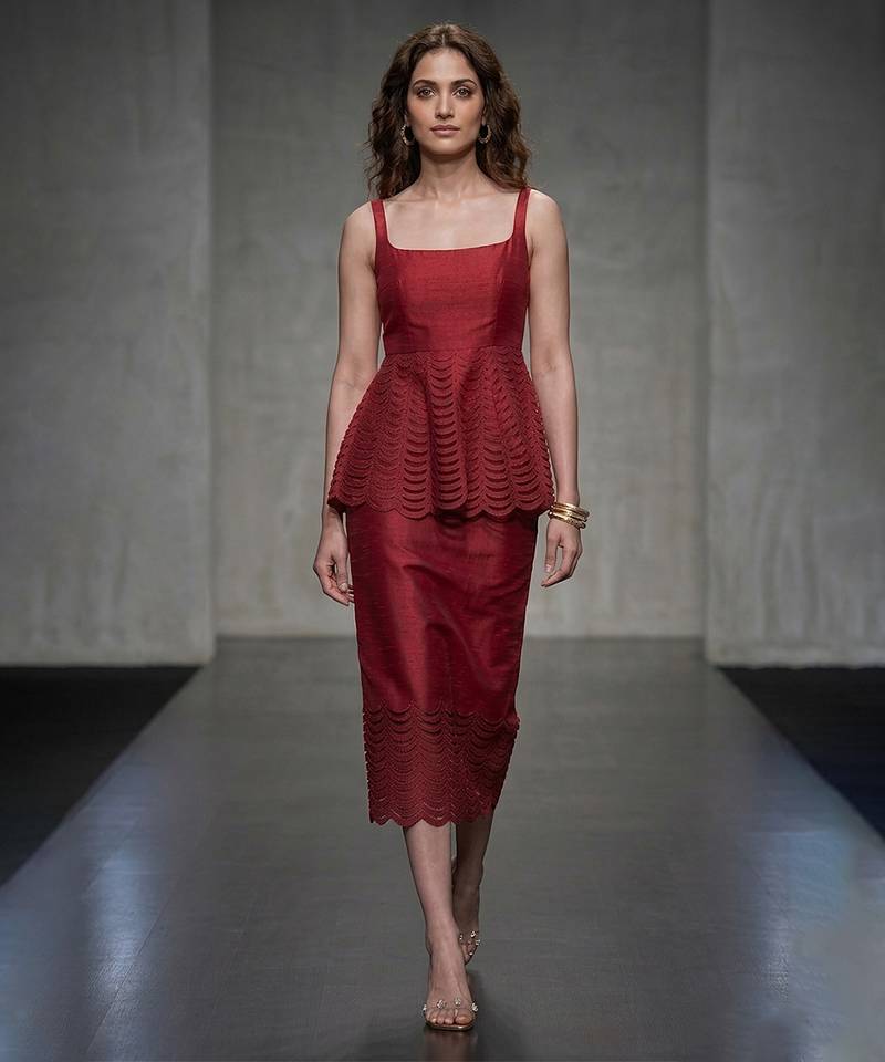 Maroon lazer cut raw silk co ord set