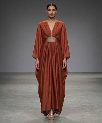 Rust orange laced silk kaftan 1