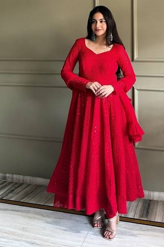 Red color lukhnowi sequence & thread embroidered work foux georgette anarkali set