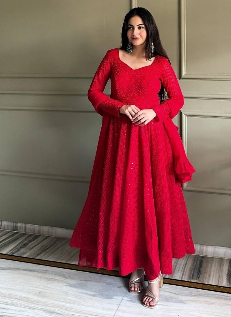 Red color lukhnowi sequence & thread embroidered work foux georgette anarkali set