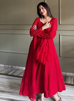 Red lukhnowi sequence & thread embroidered work foux georgette anarkali set 2