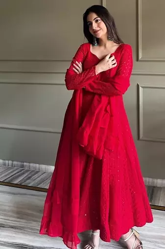Red color lukhnowi sequence & thread embroidered work foux georgette anarkali set