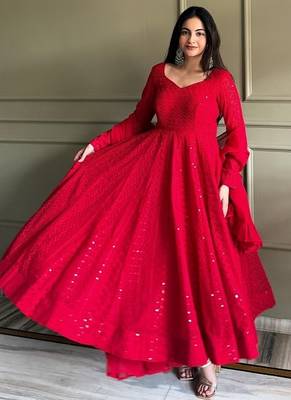 Red lukhnowi sequence & thread embroidered work foux georgette anarkali set 3