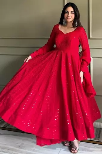 Red color lukhnowi sequence & thread embroidered work foux georgette anarkali set