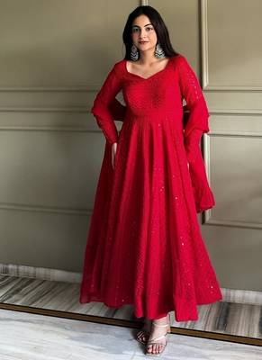 Red lukhnowi sequence & thread embroidered work foux georgette anarkali set 4