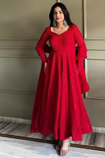 Red color lukhnowi sequence & thread embroidered work foux georgette anarkali set