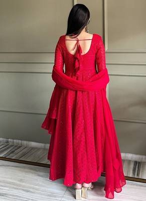 Red lukhnowi sequence & thread embroidered work foux georgette anarkali set 5