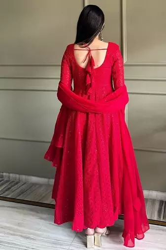 Red color lukhnowi sequence & thread embroidered work foux georgette anarkali set